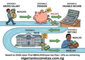 Illustration showing the journey from gross salary to net pay through pension deduction and PAYE tax in Nigeria 2026