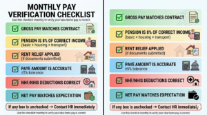 A 6-item payroll verification checklist for Nigerian employees to check gross pay, 8% pension, rent relief, PAYE accuracy, and NHF/NHIS deductions on their monthly payslip.
