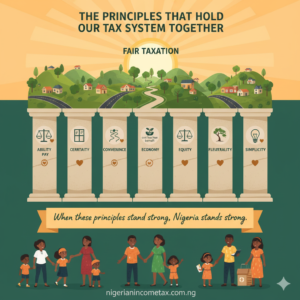 Beautiful illustration of eight strong pillars holding up a peaceful Nigerian scene with families and communities