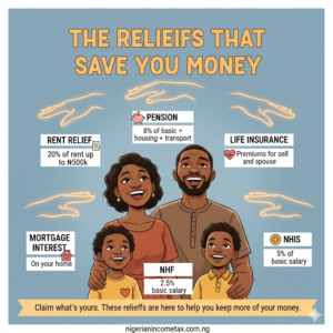 Heartwarming illustration showing six tax reliefs as golden hands lifting up a Nigerian family